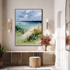 COASTAL SERENITY: Textured Vertical Seascape Painting with Wildflowers