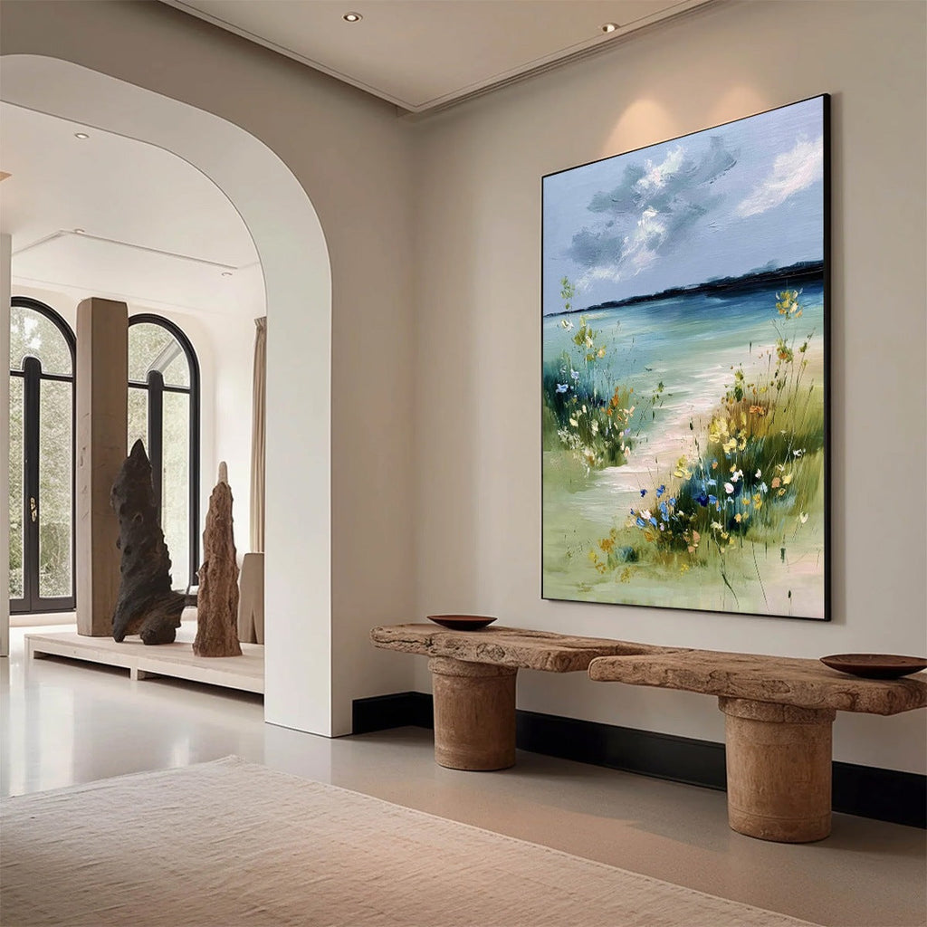COASTAL SERENITY: Textured Vertical Seascape Painting with Wildflowers