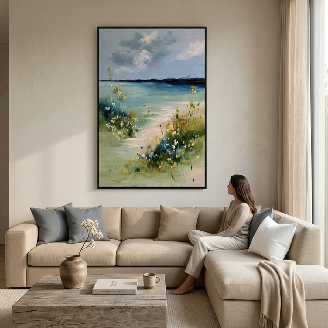 COASTAL SERENITY: Textured Impasto Wildflowers Sandy Path Canvas
