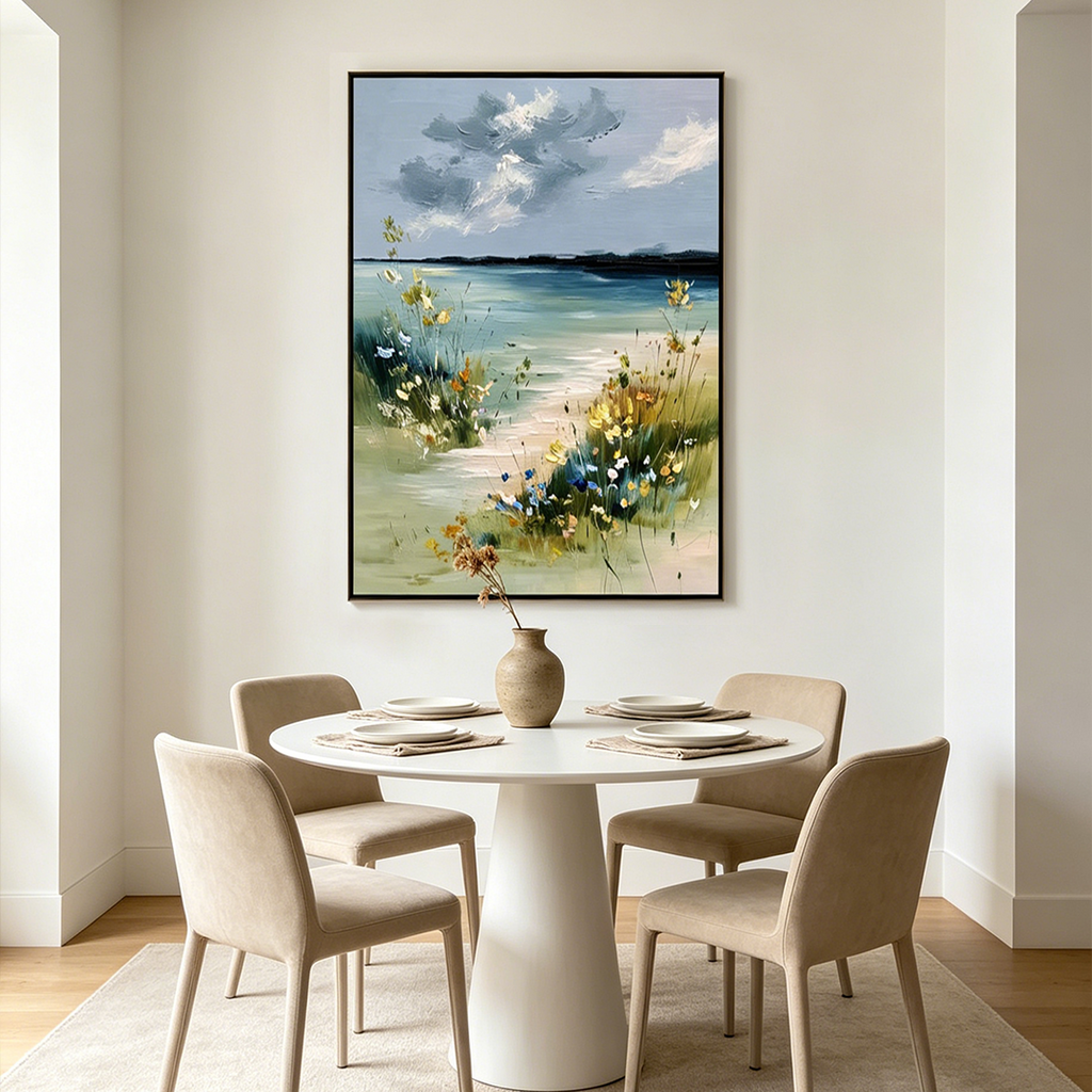 COASTAL SERENITY: Textured Impasto Wildflowers Sandy Path Canvas