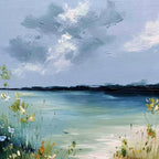 COASTAL SERENITY: Textured Vertical Seascape Painting with Wildflowers