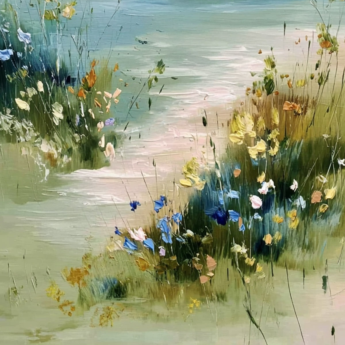 COASTAL SERENITY: Textured Vertical Seascape Painting with Wildflowers