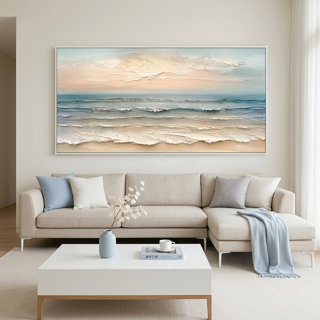 COASTAL SERENITY: Soft Hues Impasto Waves Textured Seascape Canvas
