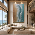 COASTAL SERENITY: Blue Beige Irish Beach Tiny Figures Textured Canvas