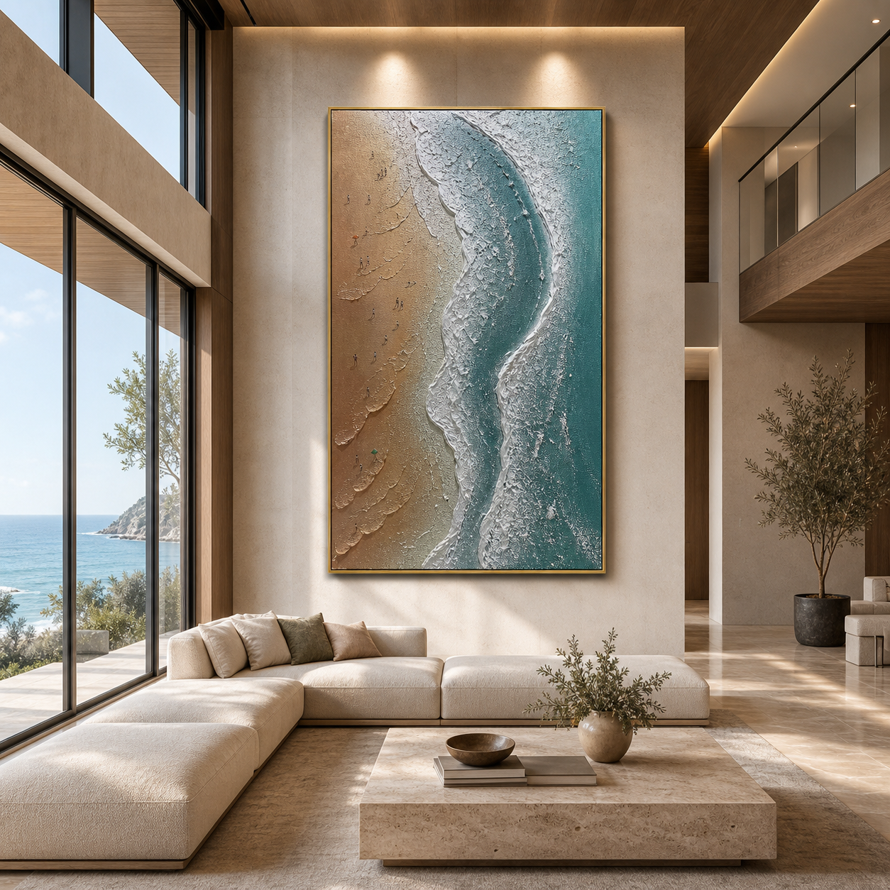 COASTAL SERENITY: Blue Beige Irish Beach Tiny Figures Textured Canvas