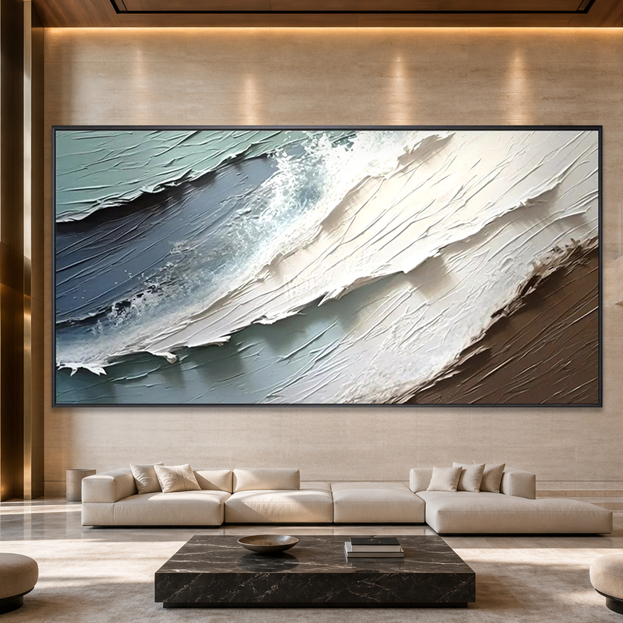 COASTAL TEXTURES: Blue White Brown Abstract Impasto Palette Knife Canvas