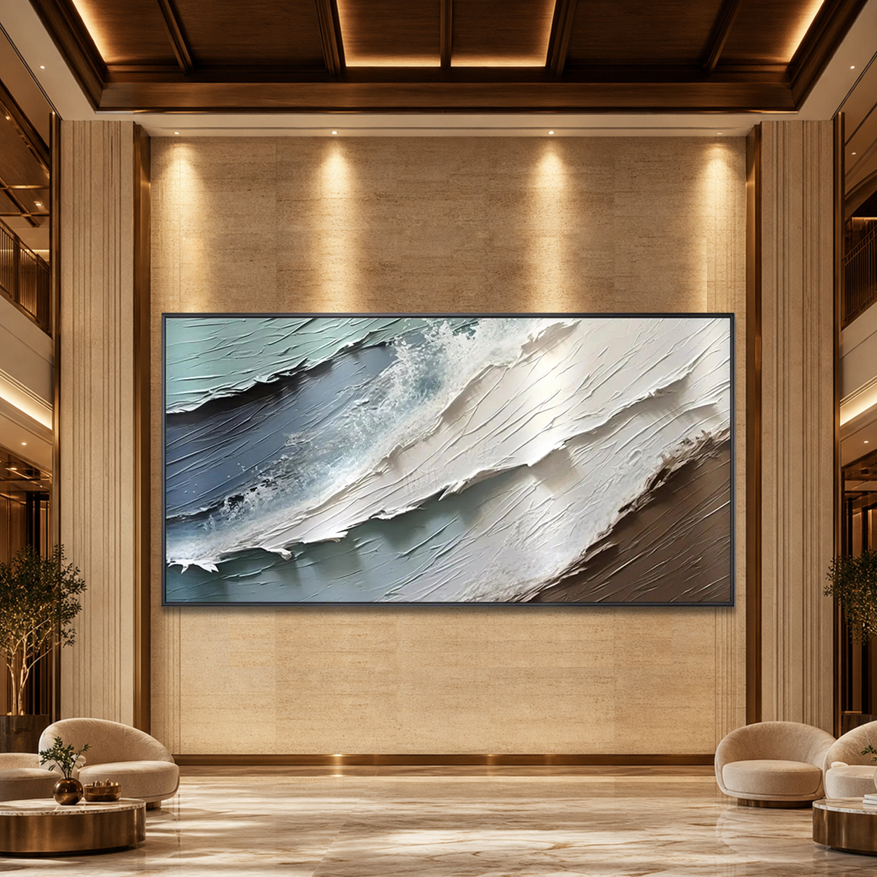 COASTAL TEXTURES: Blue White Brown Abstract Impasto Palette Knife Canvas
