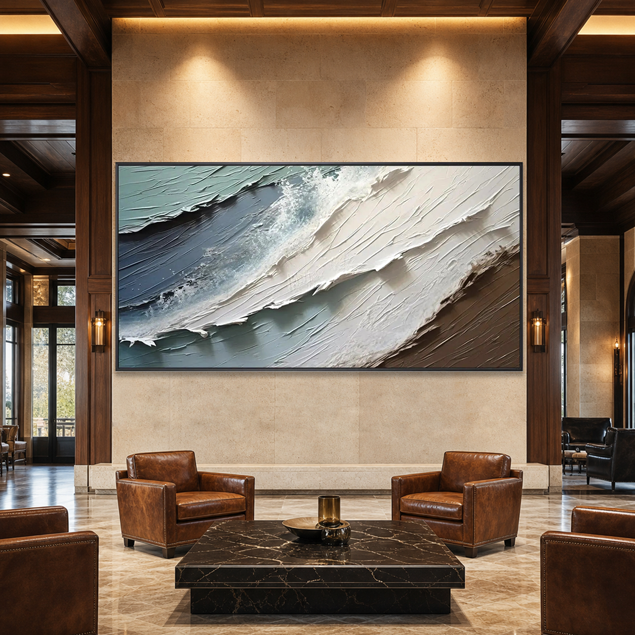 COASTAL TEXTURES: Blue White Brown Abstract Impasto Palette Knife Canvas
