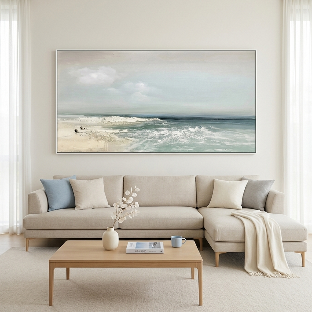 COASTAL WHISPERS: Soft Blue Green Cream Beach Waves Canvas