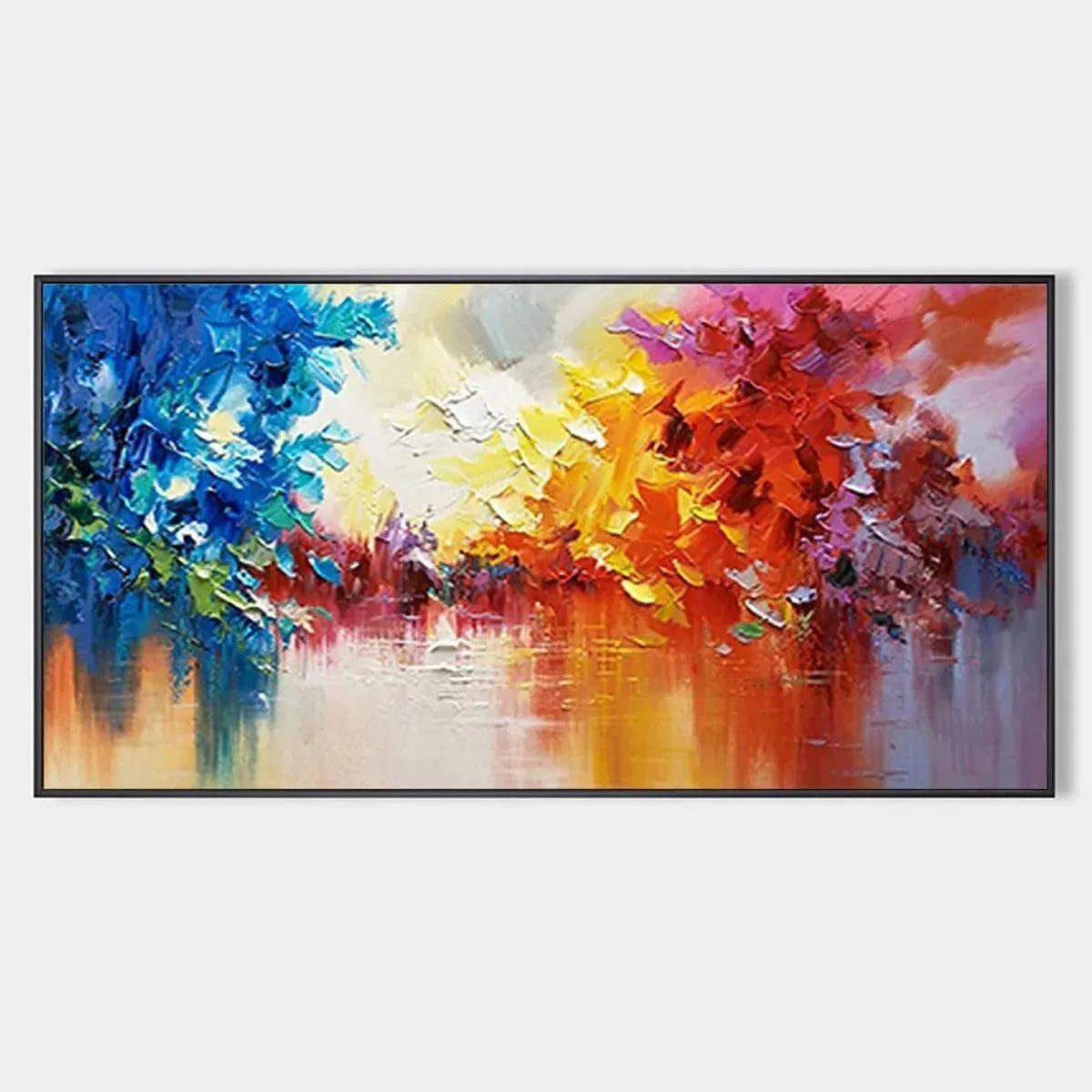 Colorful Reflections original abstract landscape painting with textured impasto brushstrokes in vibrant blues, oranges, yellows, and reds.