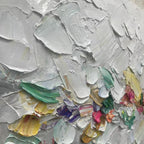 Confetti Dream abstract painting by Willow Davies: pastel rainbow textured impasto on white, framed artwork.