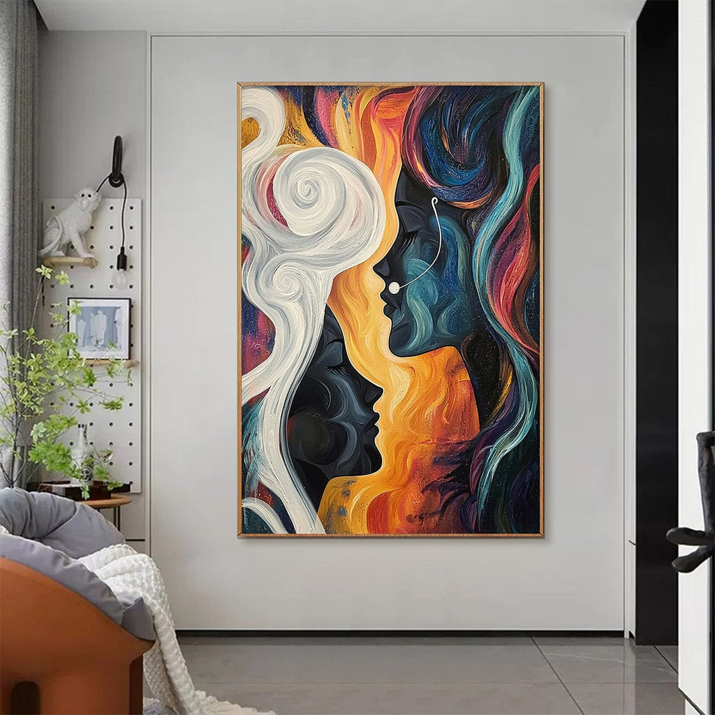 Connected Souls: Original Figurative Oil Painting - Two Faces, Emotional Wall Art Decor