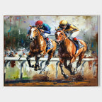 CONTENDERS: Two Racehorses Neck And Neck Impasto Palette Knife Canvas