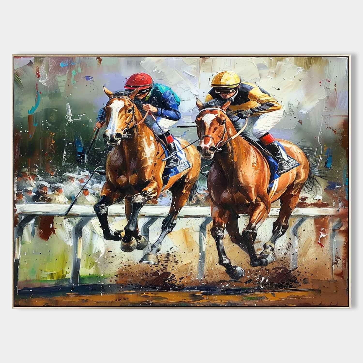 CONTENDERS: Two Racehorses Neck And Neck Impasto Palette Knife Canvas