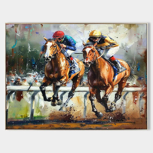 CONTENDERS: Two Racehorses Neck And Neck Impasto Palette Knife Canvas