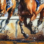 CONTENDERS: Two Racehorses Neck And Neck Impasto Palette Knife Canvas