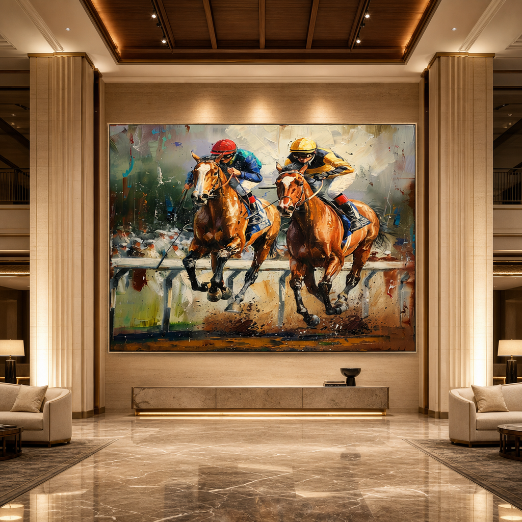 CONTENDERS: Two Racehorses Neck And Neck Impasto Palette Knife Canvas