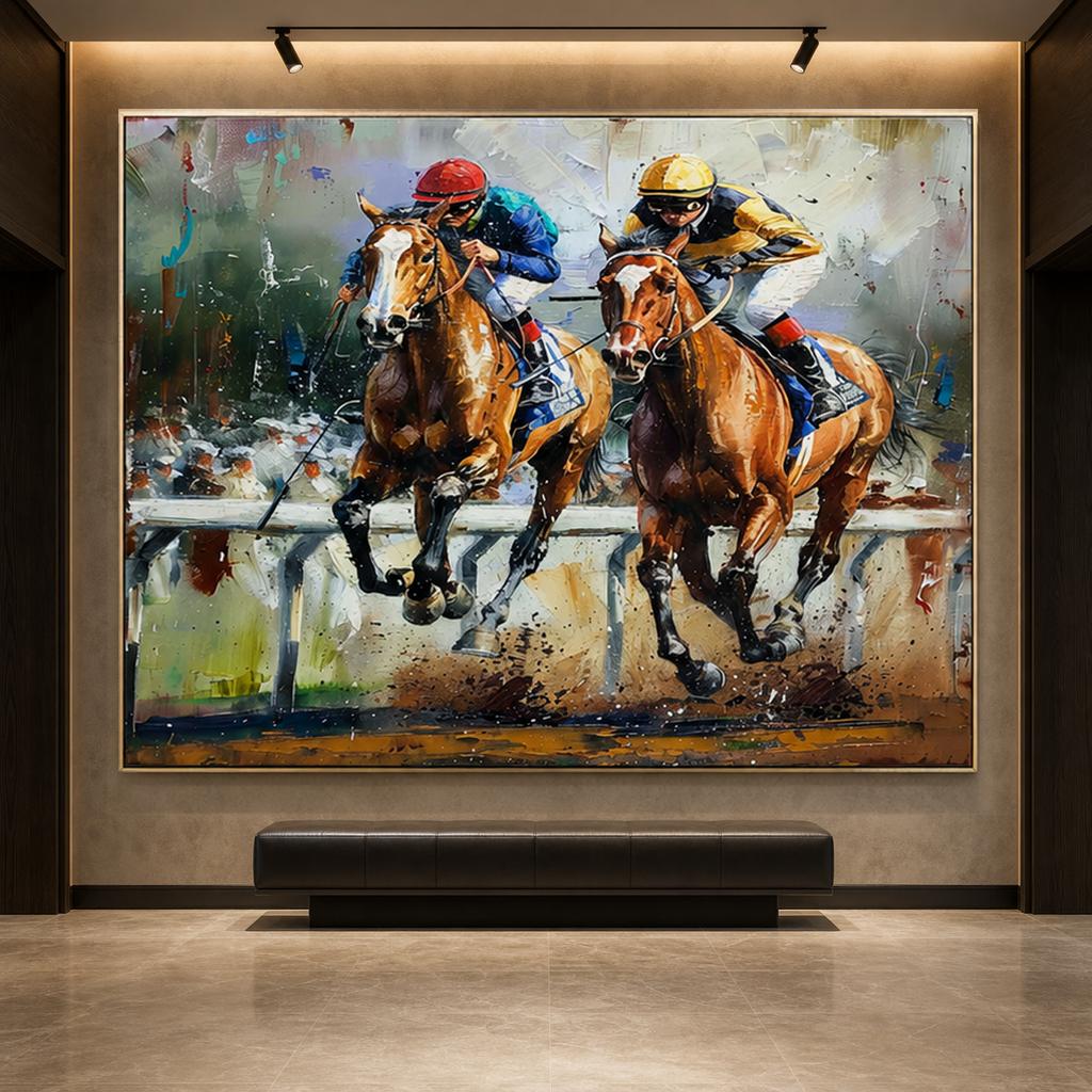 CONTENDERS: Two Racehorses Neck And Neck Impasto Palette Knife Canvas
