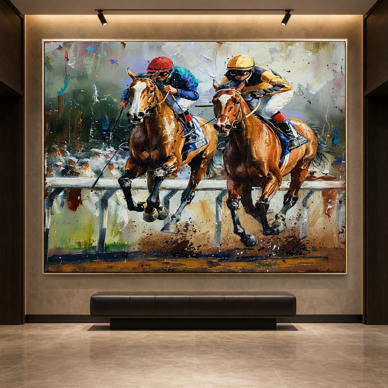 CONTENDERS: Two Racehorses Neck And Neck Impasto Palette Knife Canvas