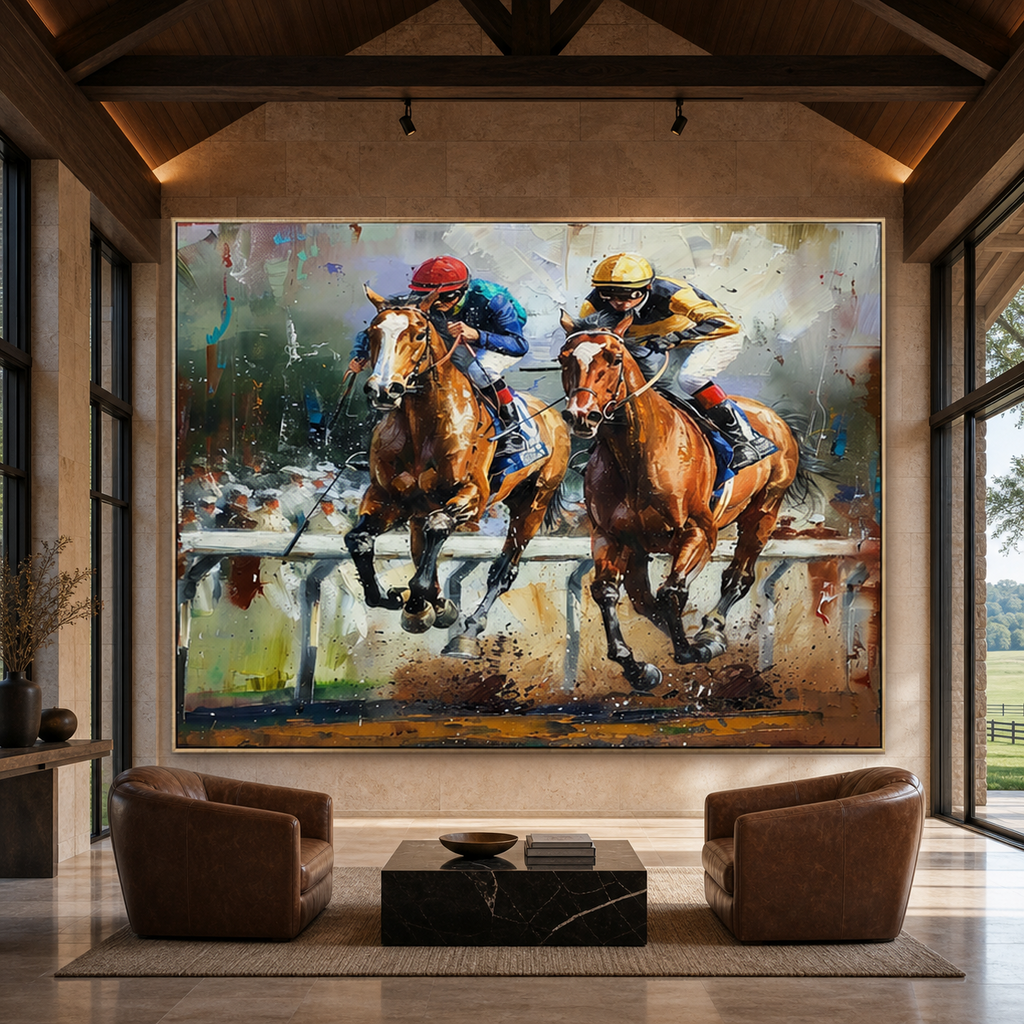 CONTENDERS: Two Racehorses Neck And Neck Impasto Palette Knife Canvas