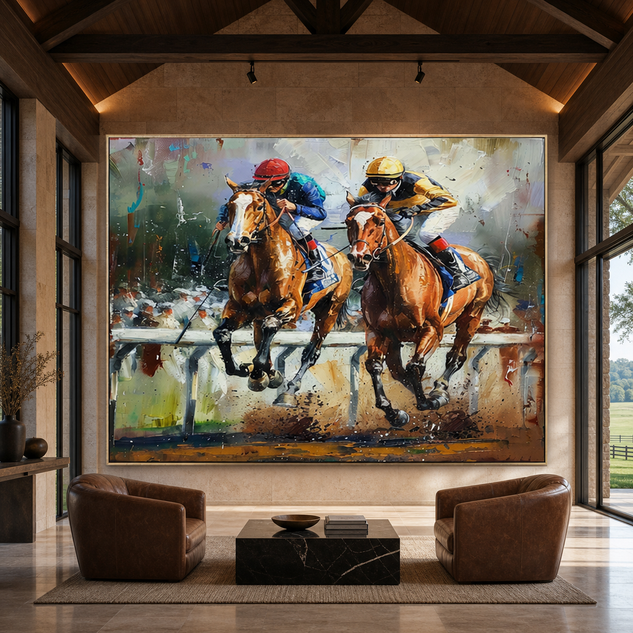 CONTENDERS: Two Racehorses Neck And Neck Impasto Palette Knife Canvas