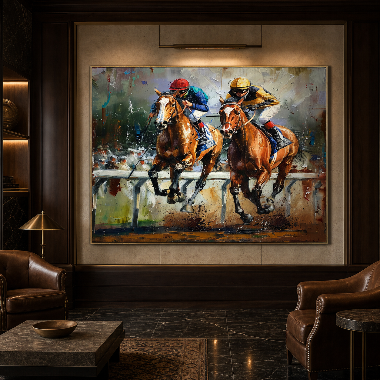 CONTENDERS: Two Racehorses Neck And Neck Impasto Palette Knife Canvas