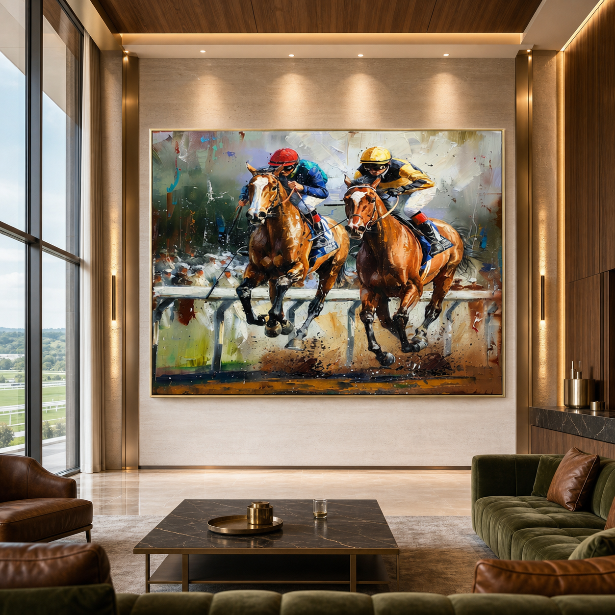 CONTENDERS: Two Racehorses Neck And Neck Impasto Palette Knife Canvas