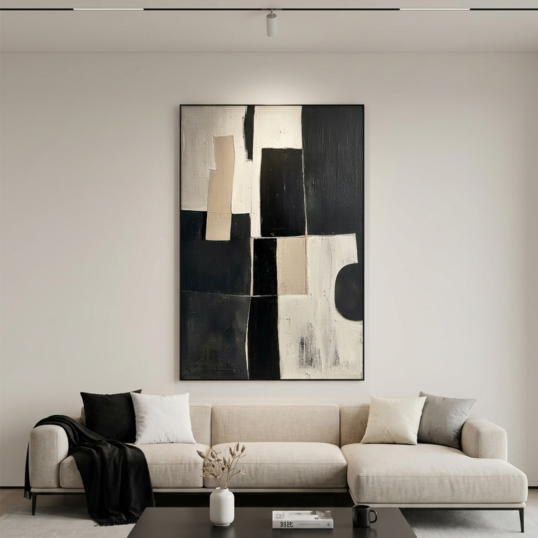 CONTRAST: Black White Blocks Beige Accents Abstract Oil Painting