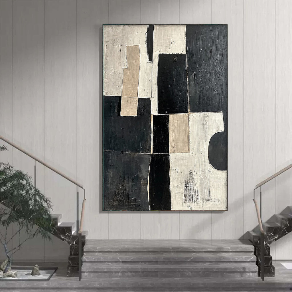 Contrast: Original Abstract Geometric Oil Painting - Black, White, Beige Wall Art Decor