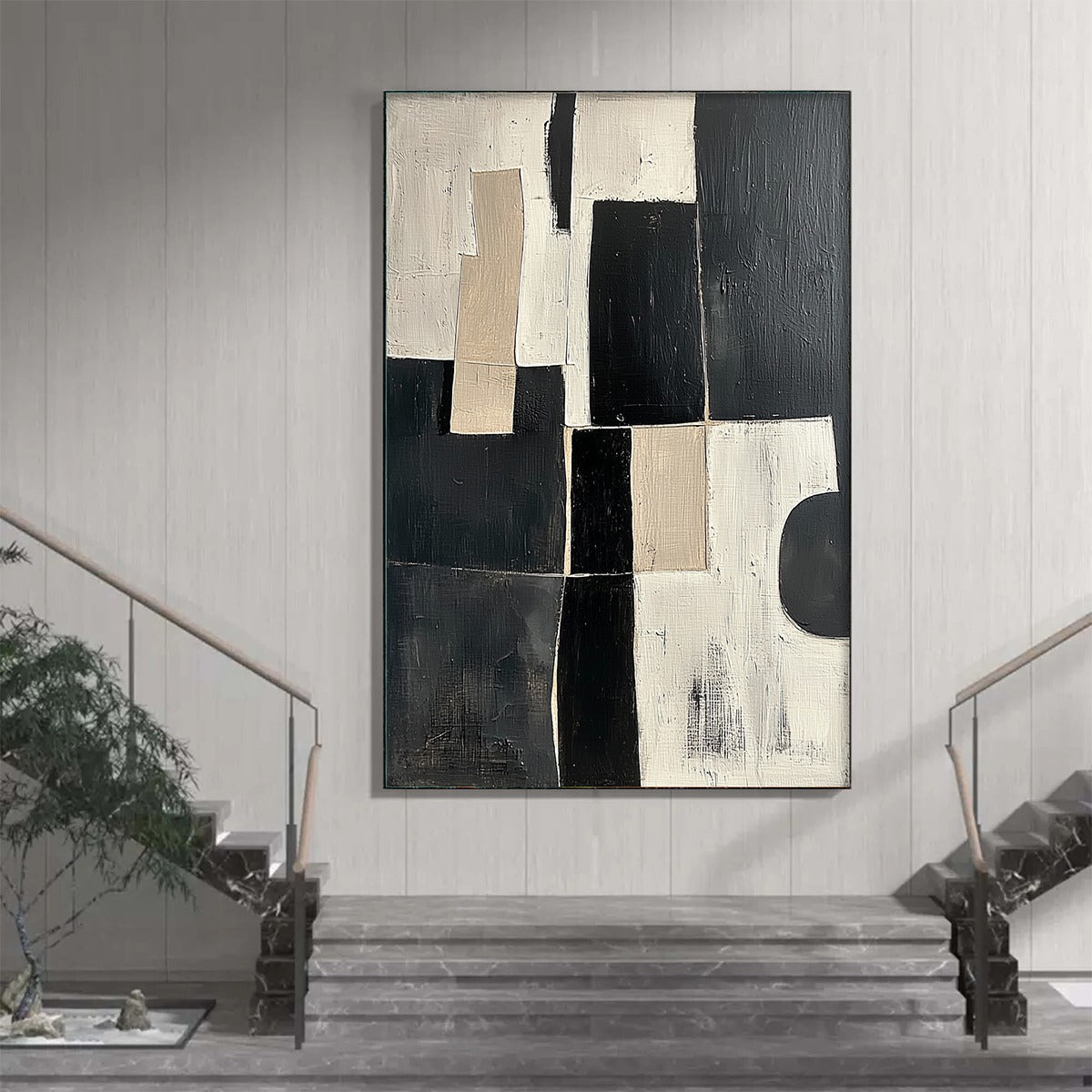 Contrast: Original Abstract Geometric Oil Painting - Black, White, Beige Wall Art Decor
