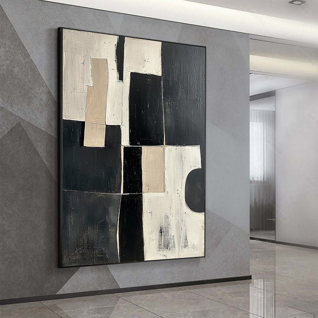 Contrast: Original Abstract Geometric Oil Painting - Black, White, Beige Wall Art Decor