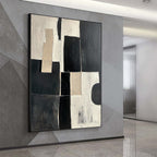 Contrast: Original Abstract Geometric Oil Painting - Black, White, Beige Wall Art Decor