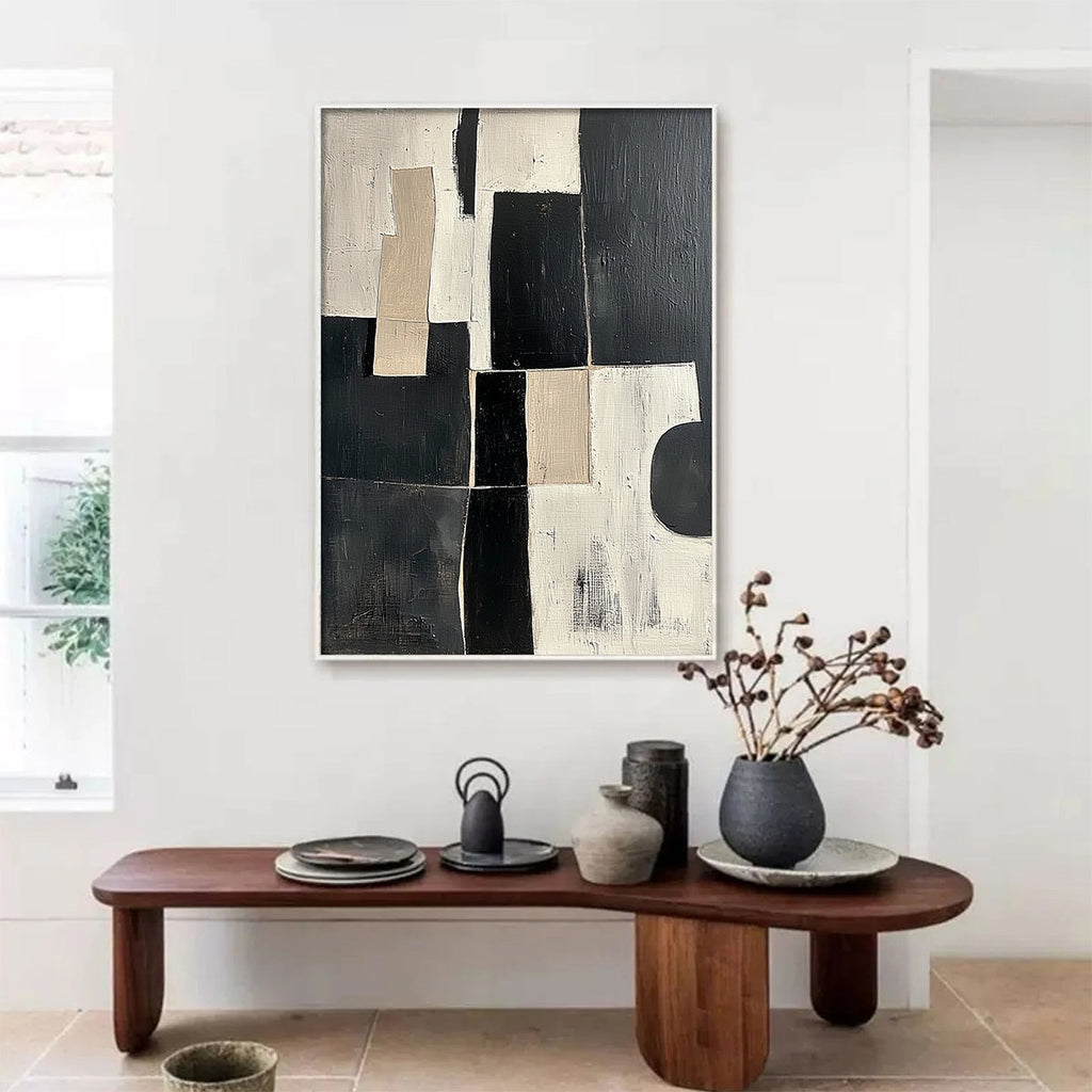 Contrast: Original Abstract Geometric Oil Painting - Black, White, Beige Wall Art Decor
