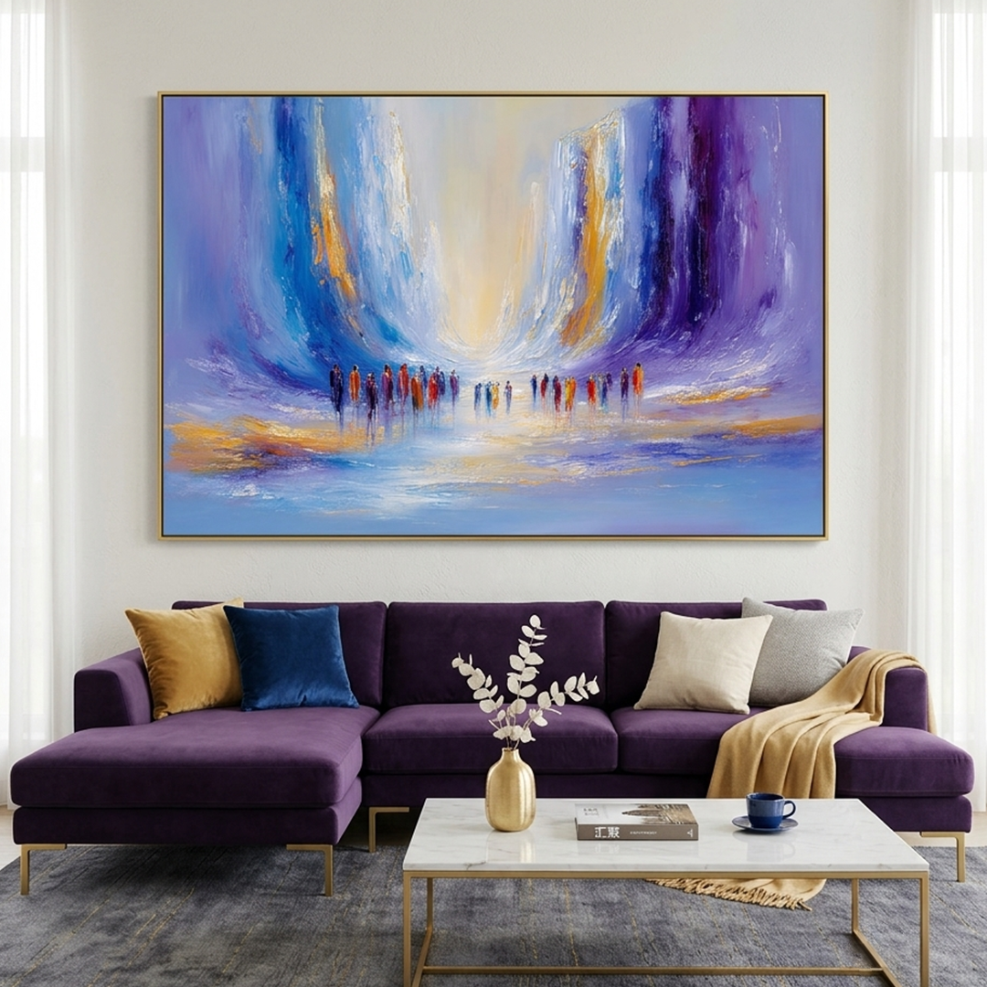 CONVERGENCE: Colorful Figures Walk To Radiant Light Blue Purple Gold Canvas