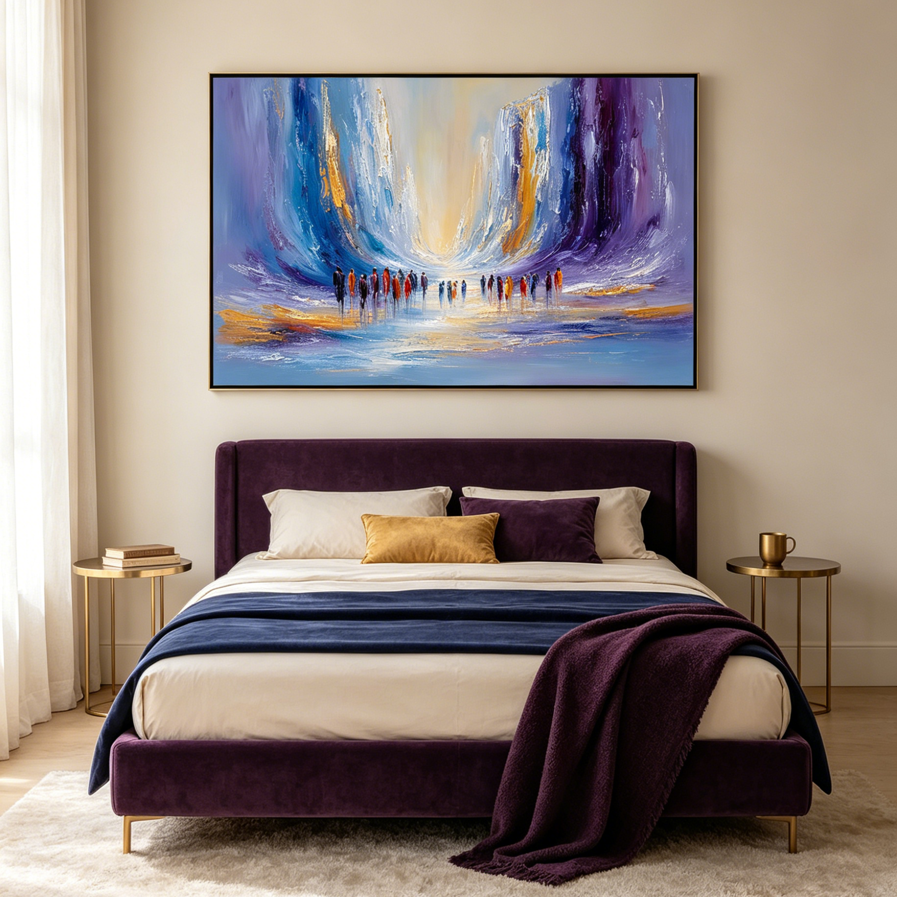 CONVERGENCE: Colorful Figures Walk To Radiant Light Blue Purple Gold Canvas