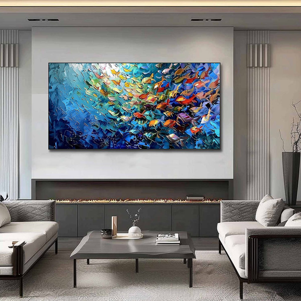 CORAL RUSH: Textured Impasto Painting of a Vibrant School of Fish