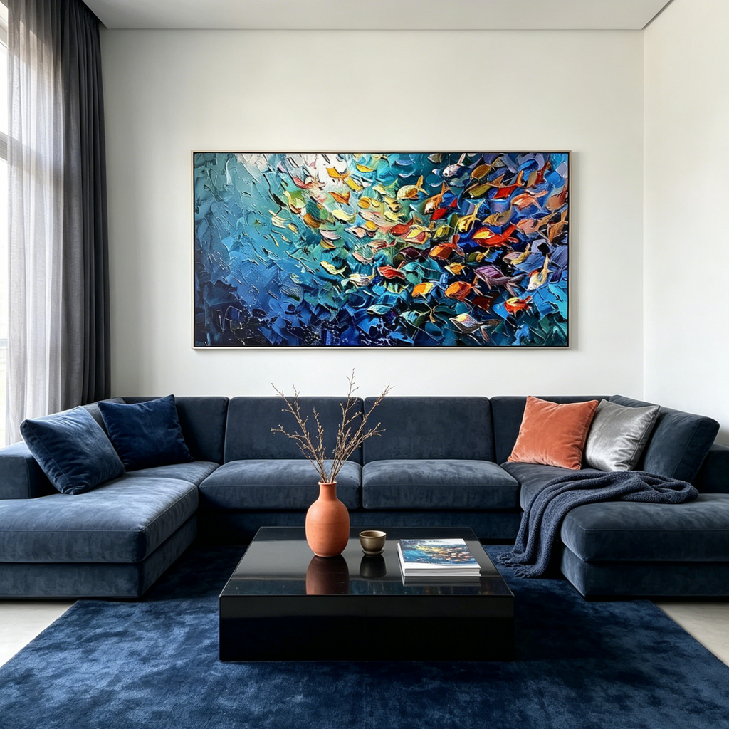 CORAL RUSH: Impasto Vibrant School Of Fish Dancing Through Water Canvas