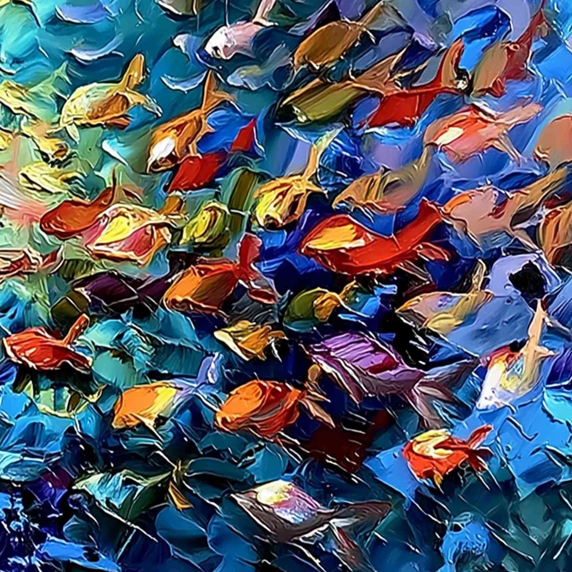 CORAL RUSH: Textured Impasto Painting of a Vibrant School of Fish
