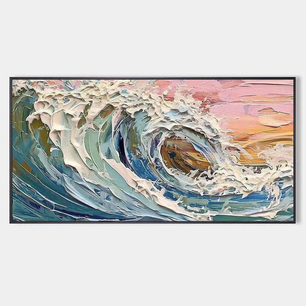 Textured impasto painting of a dynamic ocean wave in shades of blue and pink by Liam O'Connell, showcasing coastal serenity.