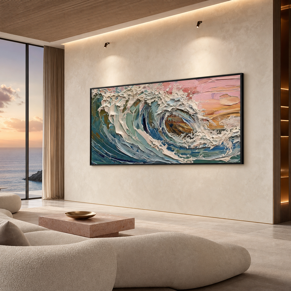 CORAL CREST: Pink Blue Ocean Wave Impasto Canvas