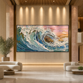CORAL CREST: Pink Blue Ocean Wave Impasto Canvas