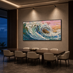 CORAL CREST: Pink Blue Ocean Wave Impasto Canvas