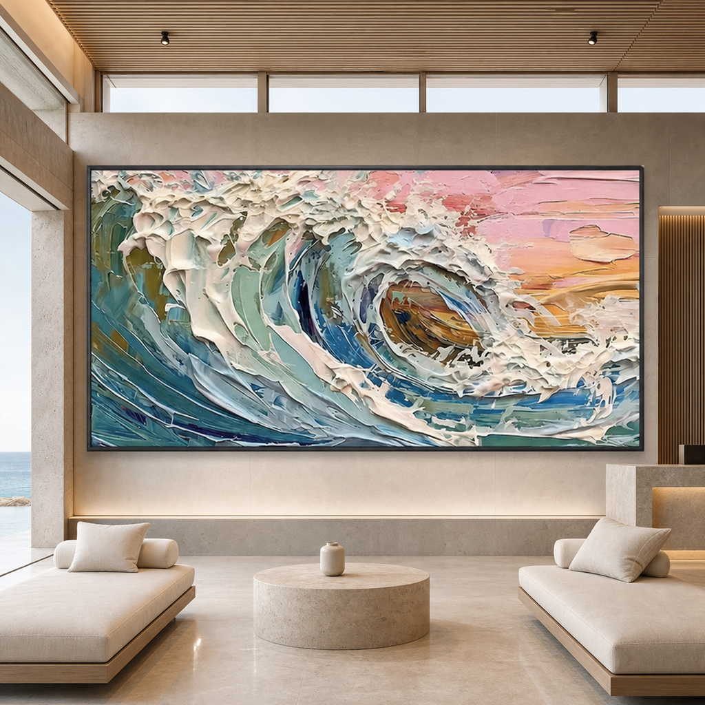 CORAL CREST: Pink Blue Ocean Wave Impasto Canvas