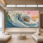 CORAL CREST: Pink Blue Ocean Wave Impasto Canvas