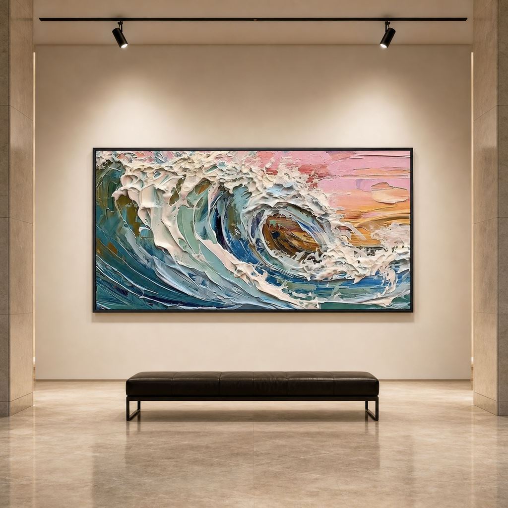 CORAL CREST: Pink Blue Ocean Wave Impasto Canvas