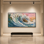 CORAL CREST: Pink Blue Ocean Wave Impasto Canvas