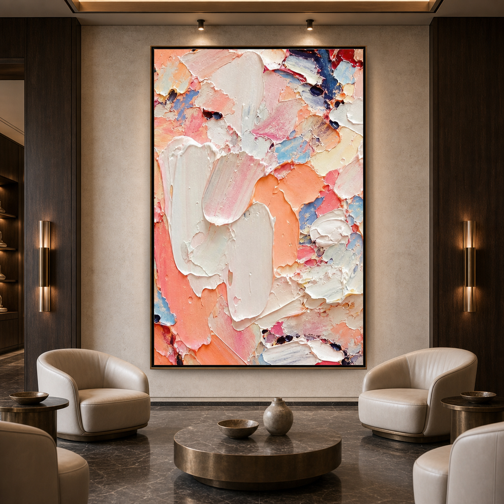 CORAL DREAM: Swirling Coral Pink Peach Orange Abstract Impasto Canvas