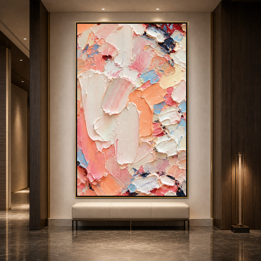 CORAL DREAM: Swirling Coral Pink Peach Orange Abstract Impasto Canvas