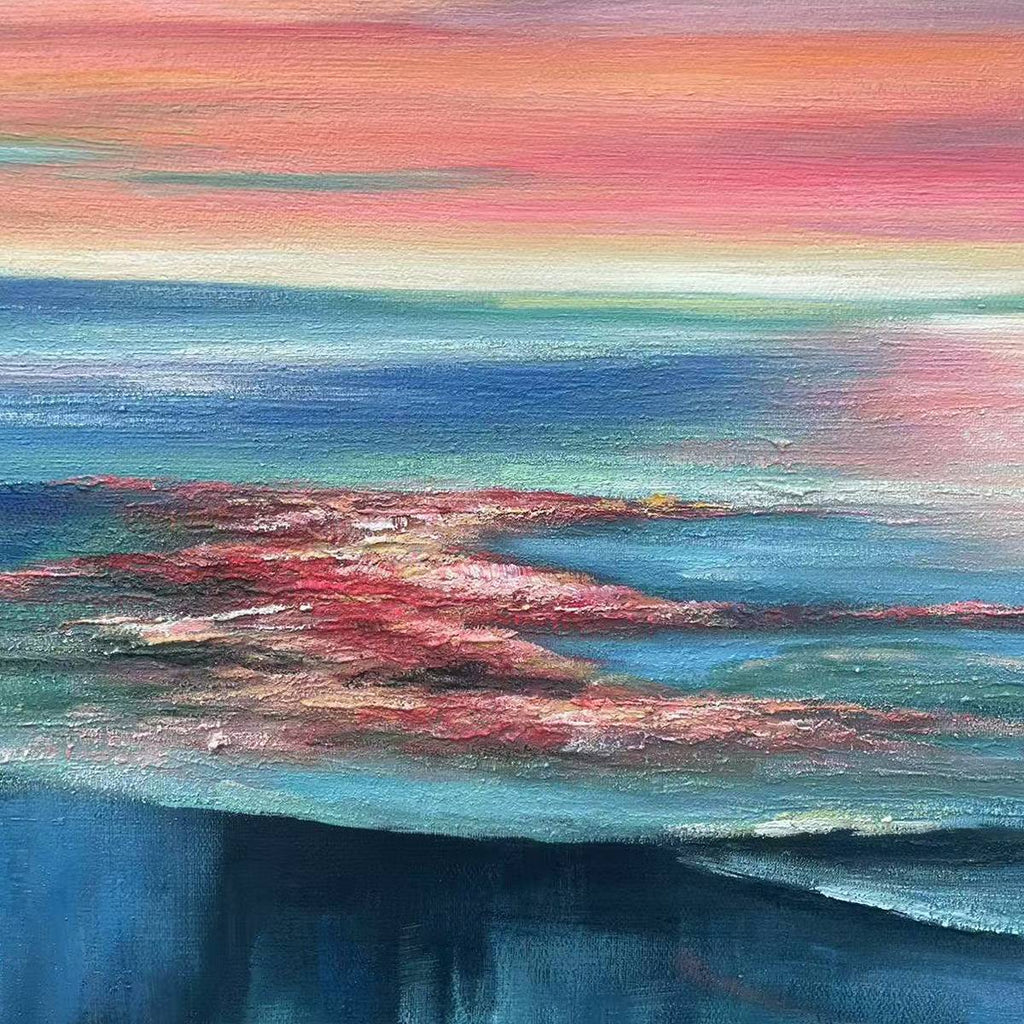 Liam O'Connell's Coral Reef Sunset square wall art painting, vibrant pink and orange sky reflecting on blue ocean.