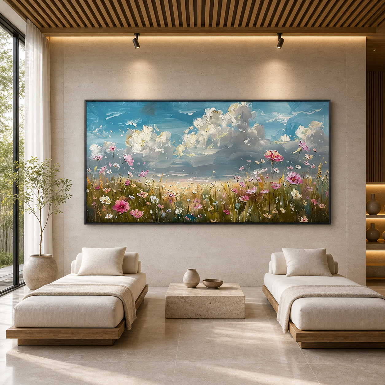 COSMOS FIELD: Colorful Cosmos Wildflowers Textured Impasto Canvas